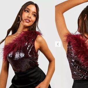 BOOHOO One Shoulder Feather Sequin Bodysuit Maroon Burgundy - US 4 - Small